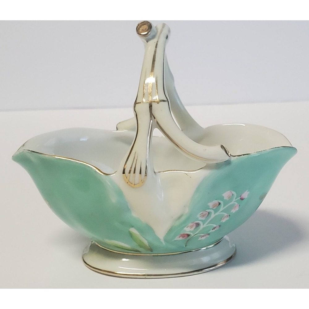 VTG Norcrest Fine China Trinket Basket Aqua/Pink/White HandPaint Gold Leaf 8/156 - Picture 3 of 11